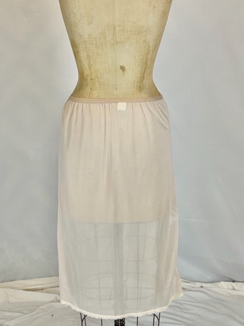 VINTAGE lace floral nylon lingerie skirt dress slip beige elastic waist midi 80s - Picture 5 of 10